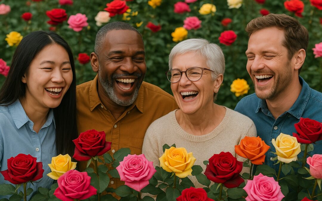 Iloiset ihmiset nauramassa eriväristen ruusujen keskellä – symboli työyhteisön tunneälystä ja pienistä teoista, jotka luovat hyvän ilmapiirin.